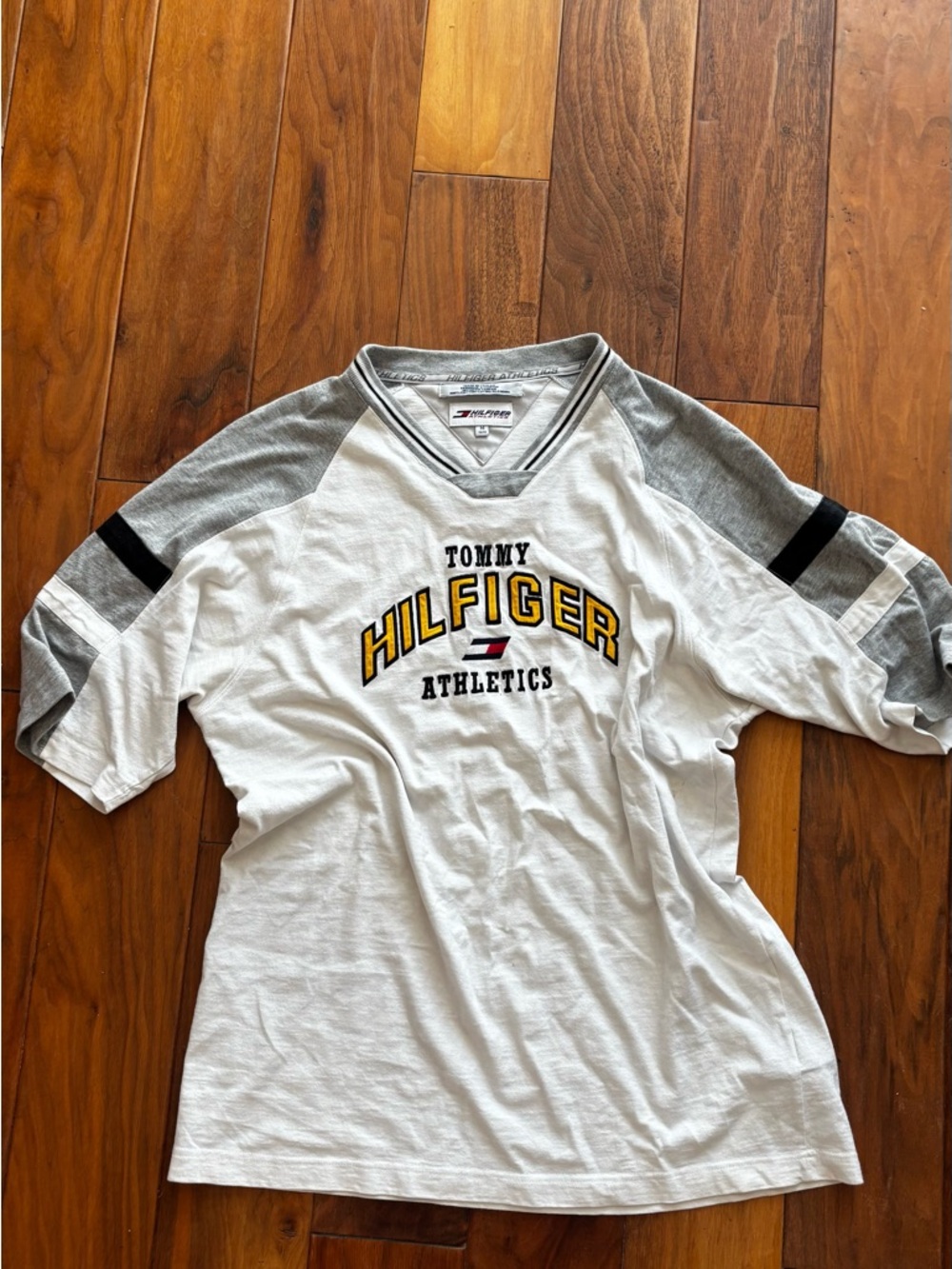 Vintage 2000s Tommy Hilfiger White Tee with Gray Raglan Sleeves and Yellow Logo